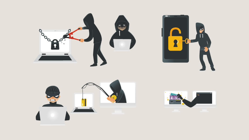 Data hacking concept - characters brake chain of locked laptop by bolt cutter, stealing wallet by fishing rod, coding at computer, stealing money from smartphone